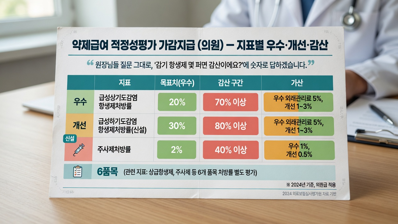 상기도 하기도 항생제와 주사제 목표치 감산 구간을 비교한 편집 일러스트